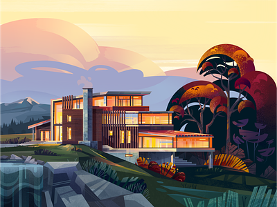 A House in the Mountains affinity designer architecture clouds fireart home house illustration landscape mountains nature trees waterfall