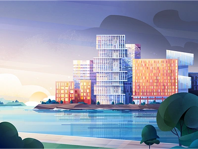 New Dawn affinity designer architecture city dawn illustration landscape modern sky springtime trees window