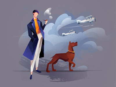 Human Planet affinity designer character cloud dog illustration plane smoking pipe