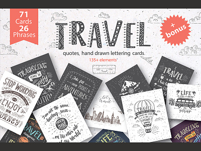 Travel quotes, hand drawn lettering cards. Prints for t-shirt.