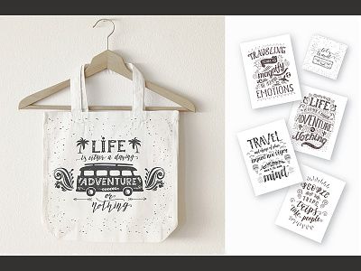 Travel quotes, hand drawn lettering cards. Prints for t-shirt.