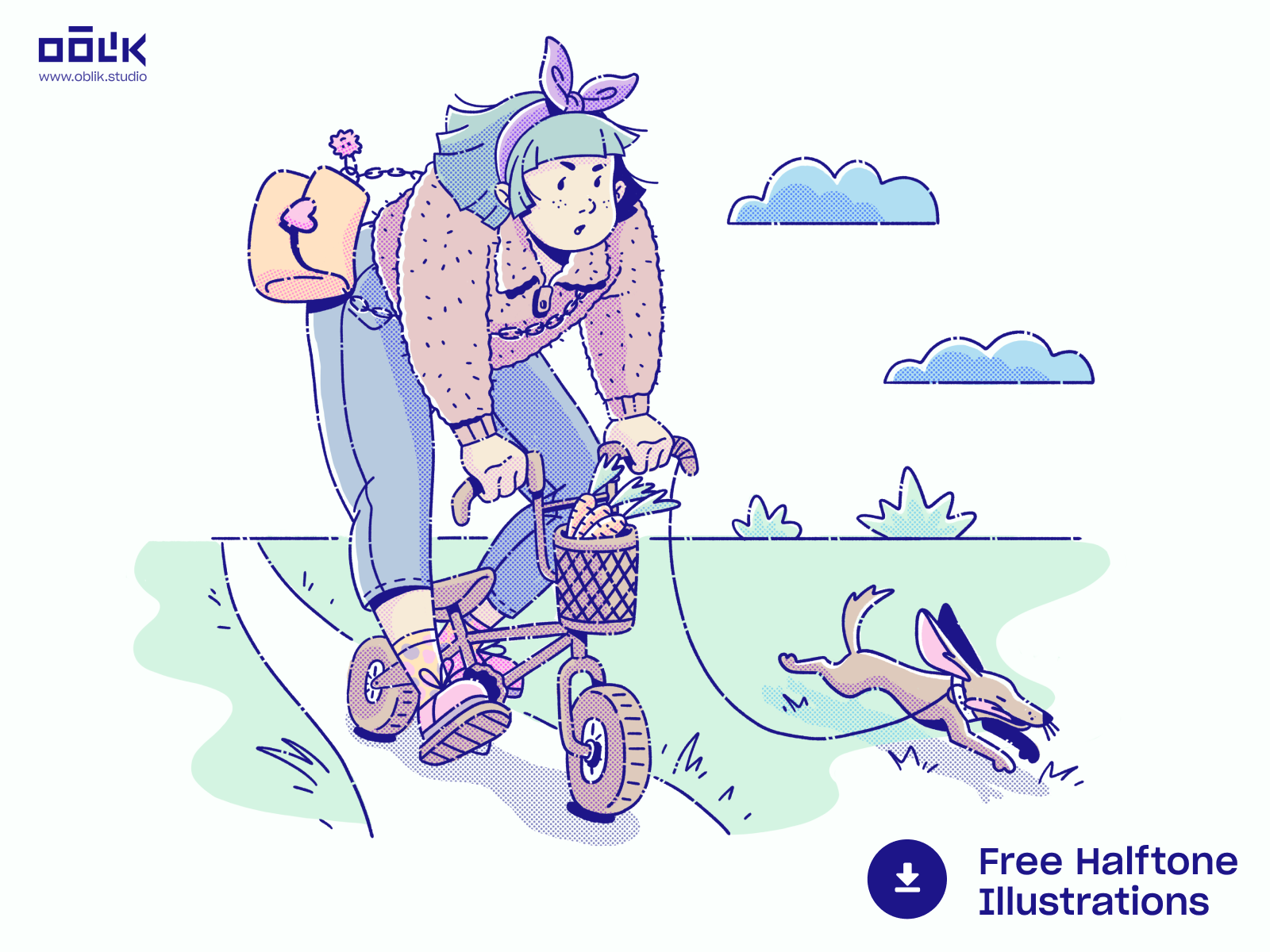 Free Halftone Illustrations 01 bike biking carrots dog drawing free freebie girl halftone illustration oblik oblik studio outside photoshop