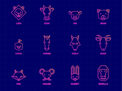 Neon Animal Icons animals bear chick cow fox goat gorilla horse icon illustrator lion mouse neon pack pig rabbit retrowave vector wolf