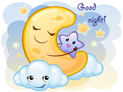 Cute Cartoon Crescent With Clouds. Vector Illustration Is Suitab art cartoon cg crescent cute good night illustration vector