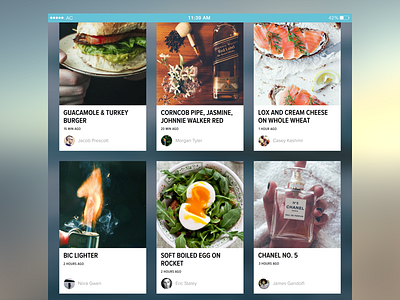 oPhone Newsfeed Concept app display food grid ipad nirvana photography posts senses smells tasty timestamp