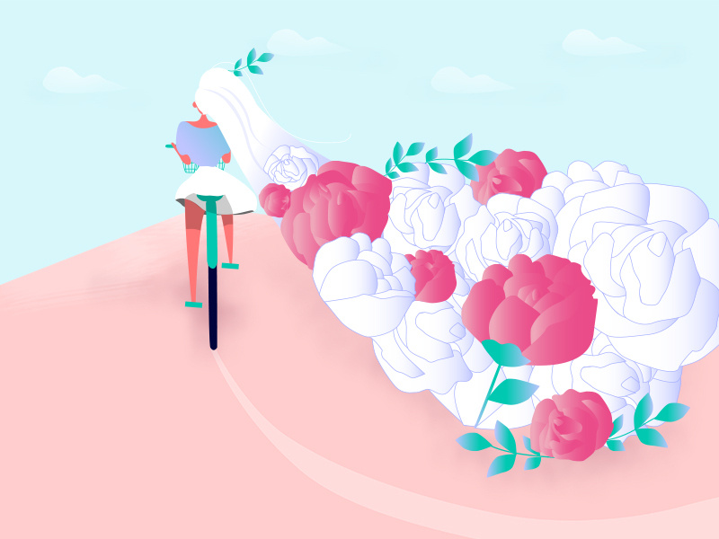 Go my way〜 bicycle blueandpink longhair flower rose design girl illustration