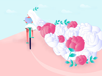 Go my way〜 bicycle blueandpink design flower girl illustration longhair rose