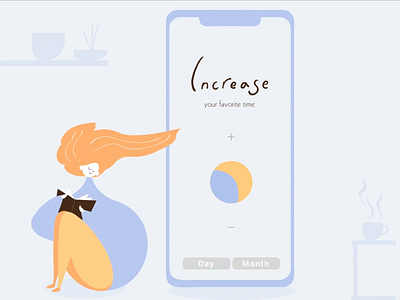 Increase ♡ Time App ae animation app design book favorite time girl illustration increase time interaction mobile orange and blue smile ui