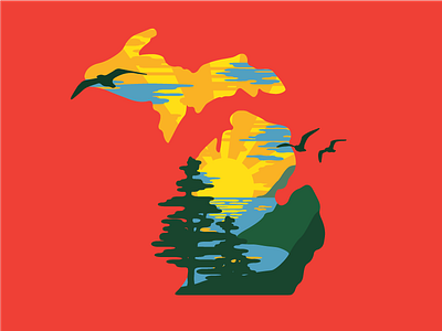 Michigan Sunset illustration seagull trees