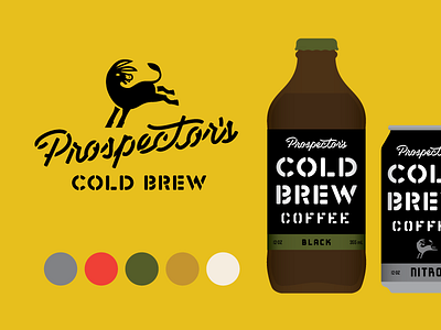 Prospector's Cold Brew beverage bottle coffee cold brew donkey illustration lettering monoline olive packaging script stencil