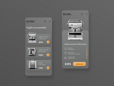 Bork e-commerce application concept app design dark mode dark theme dark ui design digital marketing e commerce ecommerce minimal mobile app mobile design mobile ui online store typography ui ui design