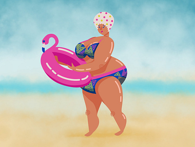 Summer mood art beach character design fat flamingos girl illustration mood summer swimming swimsuit woman