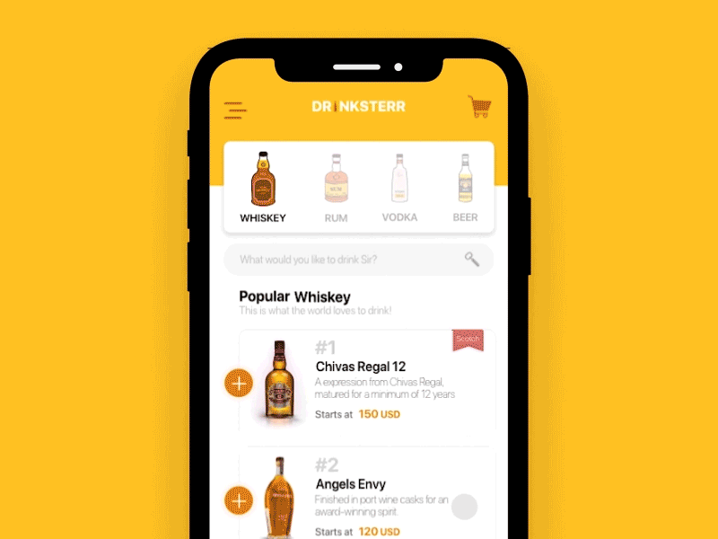 Drinksterr | Online Liquor Concept App app cart e commerce interaction design mobile motion graphics rapidgems studio shopping uiux