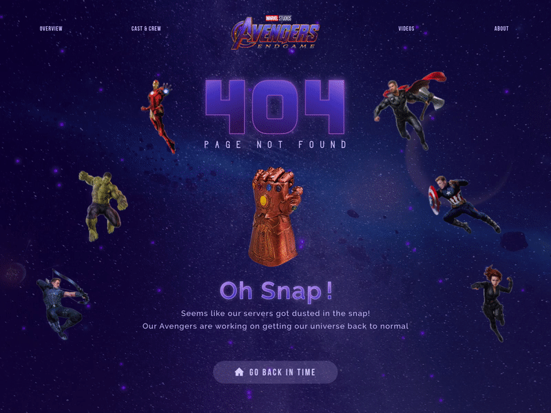 Avengers Theme 404 Page | The Snap 404 error 404 page avengers black widow captain america endgame gif hawkeye hulk infinitywar interaction design ironman motion graphics movie rapidgems studio snap thor ui uiux web design