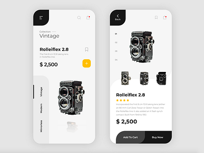 eCommerce App Vintage Camera app black camera card detail page ecommerce icon ios minimal mobile rounded screen shopping typography uidesign ux vector visual white yellow