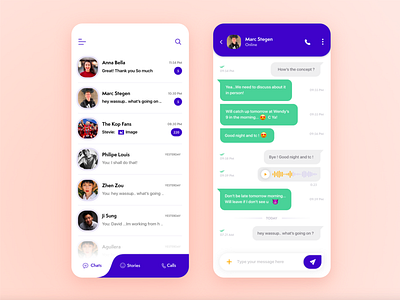 Chat App Screens app call chat concept contacts green list message mobile profile purple rounded ui uiux ux violet