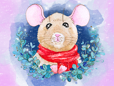 @2 Watercolor Christmas card 2020 aquarelle cads children christmas color illustration mouse new year snow