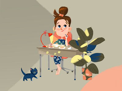 Tasty Homework cat homework illustration kids kids illustration plant studying