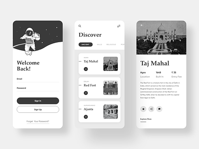 Travel Mobile App - Discover your path ancient black and white black white clean ui detail page discover listing page listings mobile mobile app mobile app design mobile design mobile ui sign in signup taj mahal travel app travelling uidesign uxdesign
