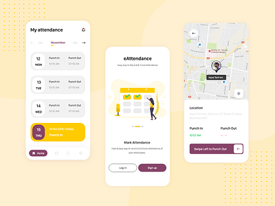 Attendance App UI + 1 Dribbble Invite attendance calendar ui google maps illustration login map ui maps mobile mobile app mobile app design mobile design product design product page punch in punch out punching signup uidesign uxdesign yellow