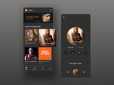 Audiobook Mobile App audio audio player audiobook audiobooks brand design branding card design dark dark app dark mode dark theme dark ui mobile mobile app mobile app design mobile design mobile ui product design uidesign uxdesign