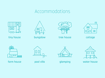 Accommodations 1 - line icons accommodation accommodations bungalow clamping cottage farm house pool villa tiny house tree house water house