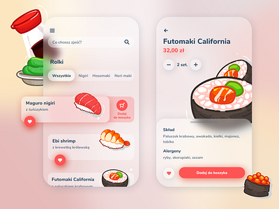 Sushi mobile app application card challenge ecommerce glass ios application mobile app mobile ui sushi sushi app ui ux