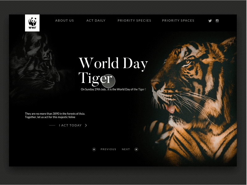 WWF : Header Transition animal animation dark header hero interface tiger ui ux web web design wwf