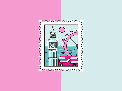London Stamp big ben blue bus illustration illustrator london london bus london eye pink red bus stamp stamp design