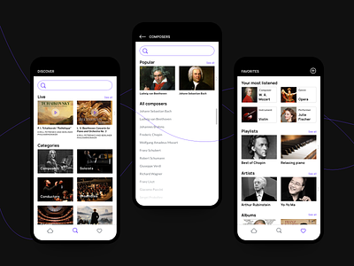Concerto - discover screens app classical music minimal mobile app music app music player music player app music player ui ui ui design user interface visual design