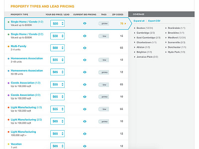 Lead Generation Filter Management v3 bids color coded filters list pricing table tags ui zip codes