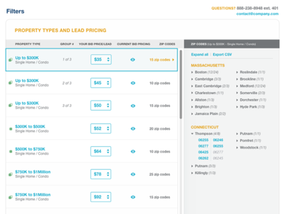 Lead Generation Filter Management v4 bids color coded duplicates filters list pricing table tags ui zip codes