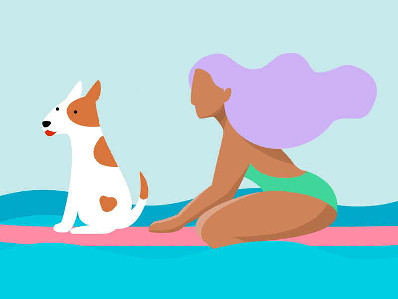 Surf Girl and Dog animal animation beach design dog flat gif girl hair illustration ocean pet puppy sea surf surfer surfing vector water waves