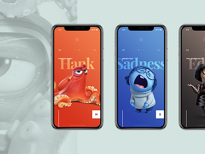 Pixar App - Character Section app blue character clean design disney happy iphone x minimal mobile orange pixar web website