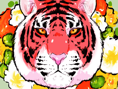 Sumatra Tiger [CARNiVORE series] animal cartoon concept art design drawing floral flowers illustration