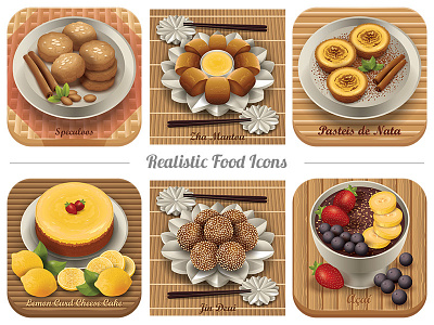 Realistic Food Icons - Vector acai biscuits cake color design dessert desserts food food art fruit fruits icon illustration realistic thumbnail thumbnails ui vector vector artwork vector illustration