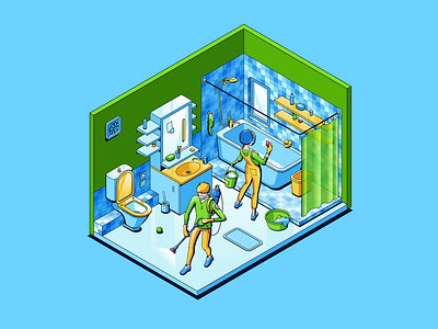 Bathroom cleaning 2d art creative design drawing fineart illust illustration isometric painting vector