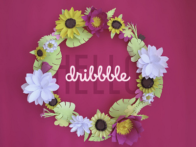 Hello dribbble! leafs ornament paper flower sunflower tropical typography