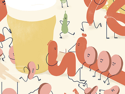 Sausages, Pickles, Cheese & Beer illustration