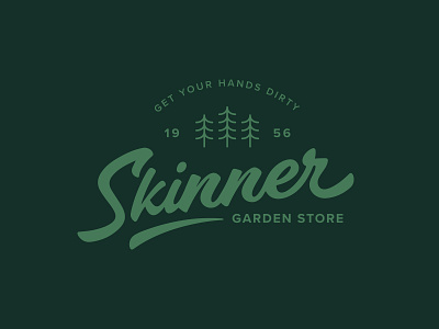 Skinner Garden Store badge brand branding brush script garden graphic design green kin pine plant plant people script skinner store trees