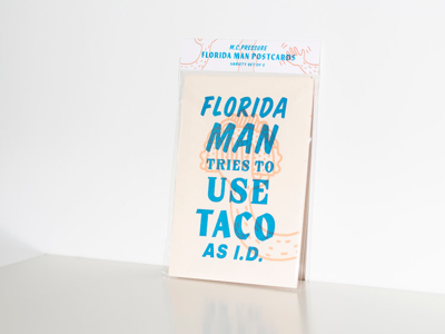 Florida Man Letterpress Postcard Series florida man illustration letterpress postcard taco typography
