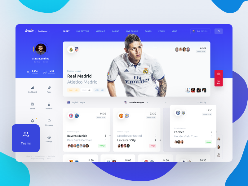 bwin social post betting bet bookmaker sport footbal tips dashbaord ui interface