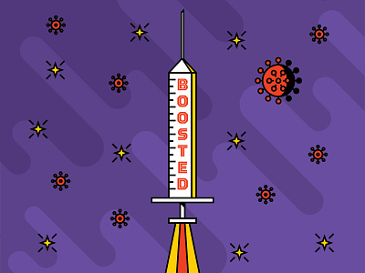 Boosted branding corona covid design flat icon illustration needle pandemic planets rocket space star stars syringe typography vaccination vaccine vector