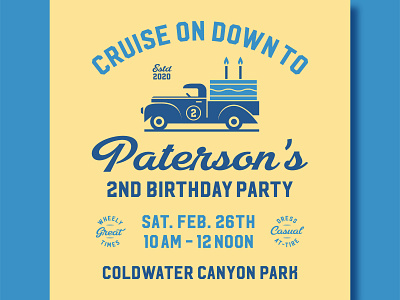 Paterson's B'Day Invite birthday branding cake candle candles car cars design ford illustration invitation invite logo party truck trucks type typography vector wheel