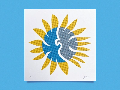 Sunflowers of Solidarity art artnotwar auction bird birds charity dove doves flower halftone illustration peace print sunflower supportukraine ukraine