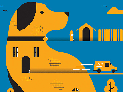 Doggy Dog World bird bone bricks cloud dog doggy dogs escaperoom fire hydrant illustration mail squirrel tree truck typography vector windows