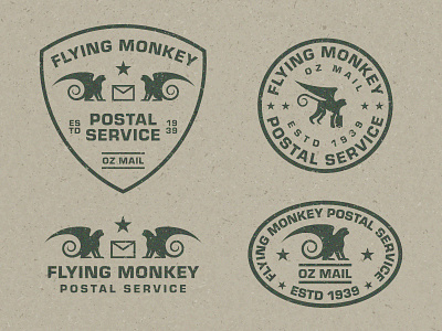 Flying Monkey Postal Service badge branding distressed flat geometric illustration logo mail monkey monkeys oz postal service texture type typography vector wizardofoz