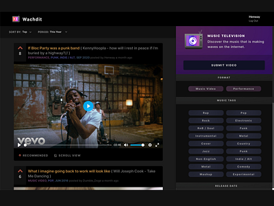 Wachdit - Music Video Discovery discovery music product hunt reddit video webdesign website youtube