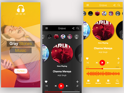 Gray Stones Music android app arijit dark forward frequency gray groove headphone music pause play playlist playlists song stones stop uidesign uix yellow