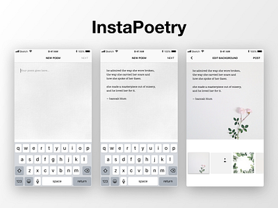 InstaPoetry — Compose Poems for Instagram app concept app design design instagram instagram app ios ios app design ios application poetry poetry app quotes quotes app social media app socialmedia ui ui ux ui design uidesign ux design visual design